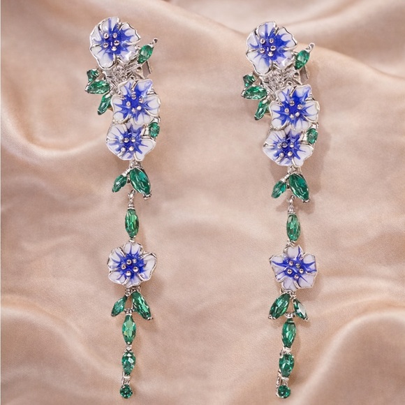 Anthropologie Jewelry - Blue Summer Floral Silver Earrings